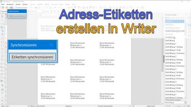 Video Adress-Etiketten erstellen in Writer - LibreOffice 7.1 (German/Deutsch) en français